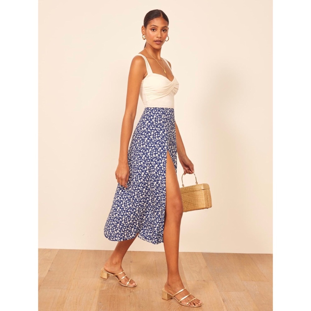NWT Reformation Zoe Blue Floral Midi Skirt